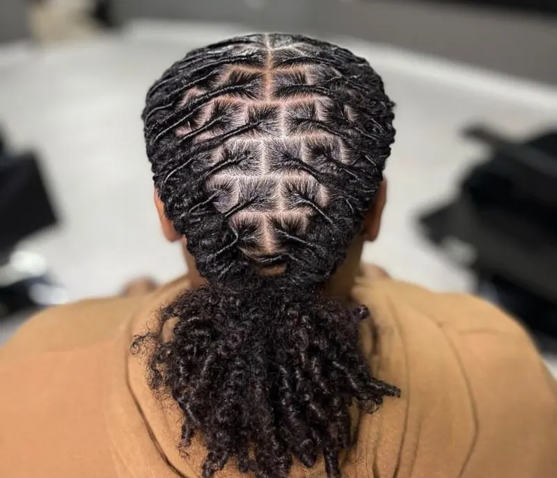 Two-strand loc pattern with a curly ponytail
